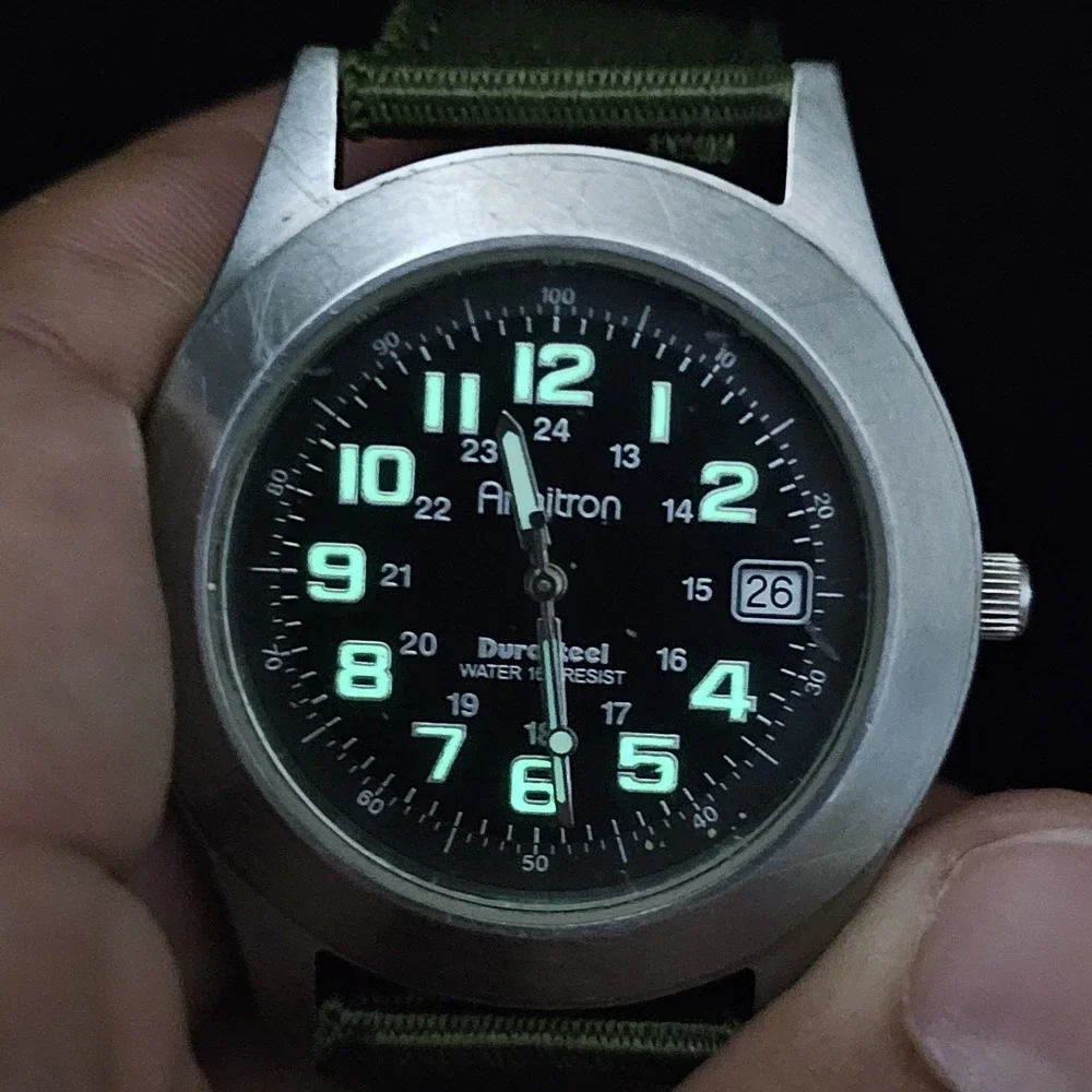 Armitron Durasteel Field Men Watch 39MM Black‎ Dial Date NEW Green Bands Battery